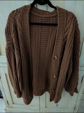SHEIN Brown Cable Knit Button-Up Cardigan